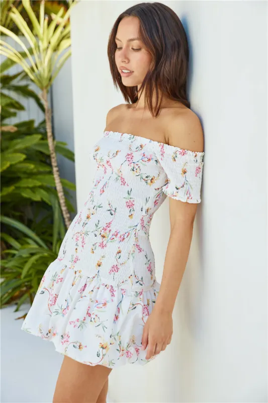 Mimi Off Shoulder Mini Dress Beige sold by Fortunate One