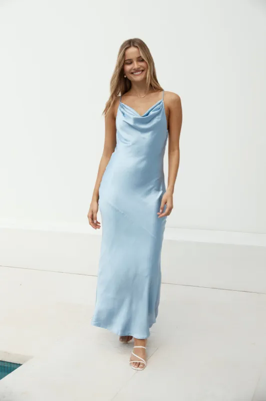 Ariella Satin Maxi Dress Blue sold by Fortunate One