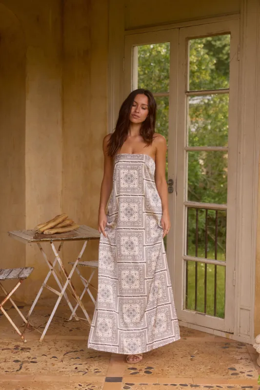 Exotic Nights Strapless Satin Maxi Dress Beige sold by Fortunate One