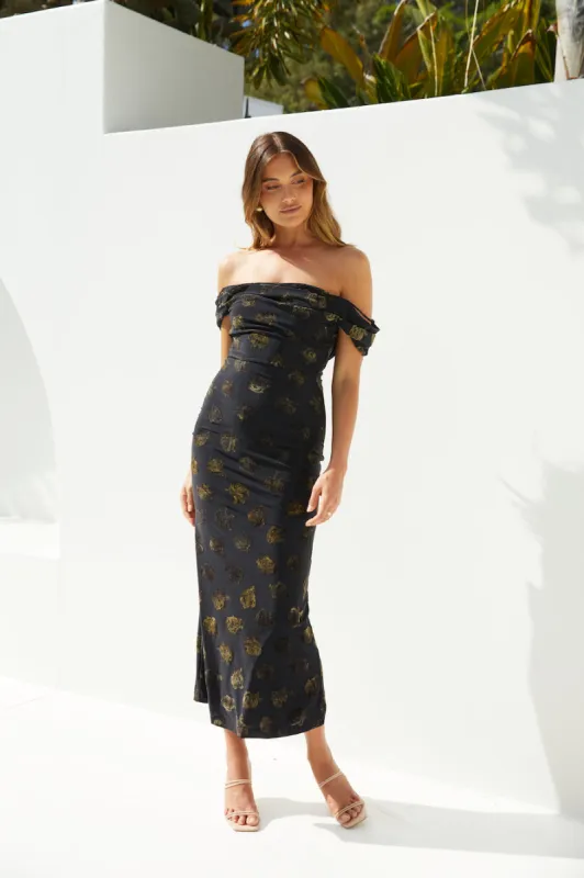 Golden Twilight Midi Dress Black sold by Fortunate One