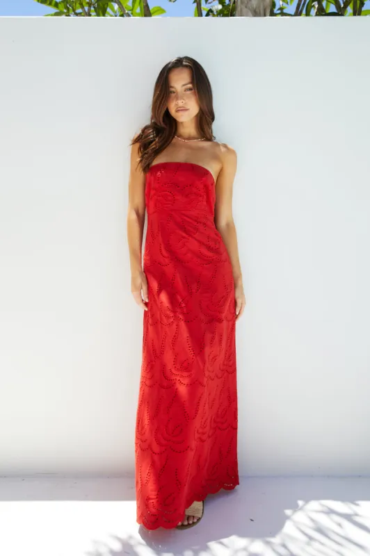 Riviera Rouge Strapless Maxi Dress Red sold by Fortunate One