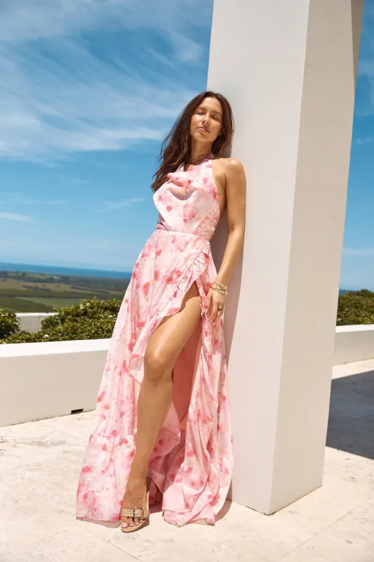 Palm Tree Island Halter Maxi Dress Pink sold by Fortunate One