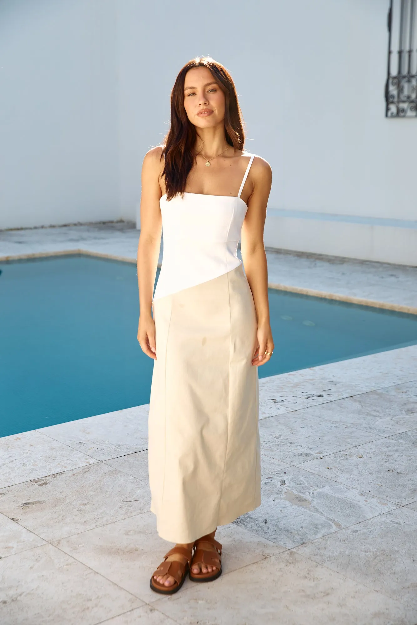 Brunch Date Midi Dress Beige sold by Fortunate One