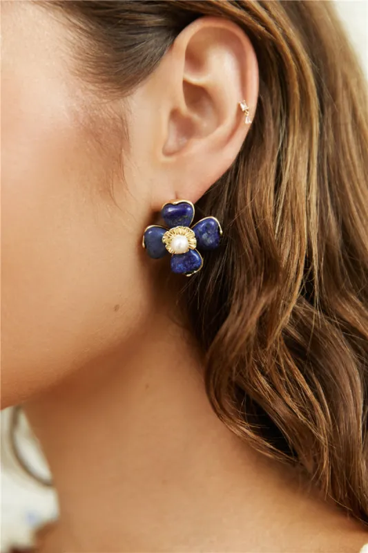 18K Gold Plated Blue Beauty Flower Earrings Gold sold by Fortunate One