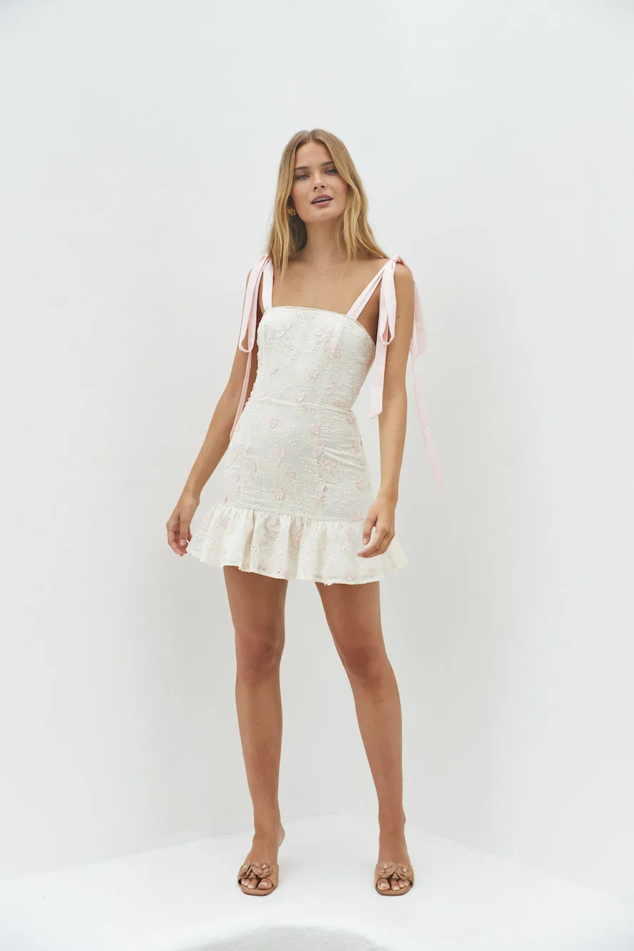 Blossom Embellish Mini Dress Cream sold by Fortunate One