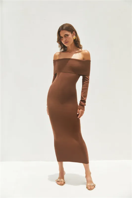 Angels Sing Off Shoulder Knit Maxi Dress Chocolate sold by Fortunate One