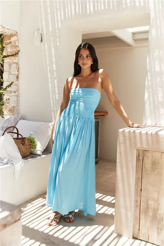 On the Shores Strapless Maxi Dress Blue sold by Fortunate One