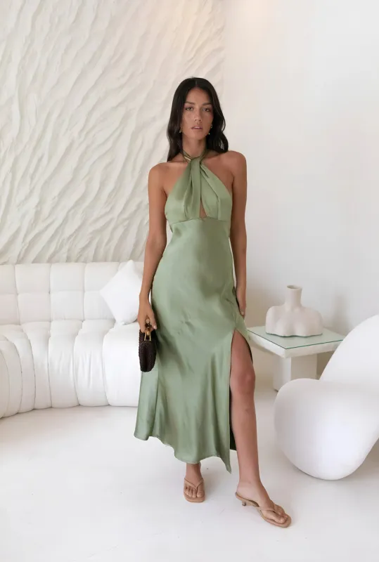 In My Feelings Satin Maxi Dress Olive sold by Fortunate One