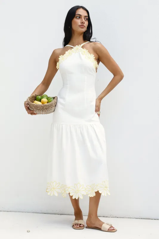 Golden Petals Midi Dress White sold by Fortunate One