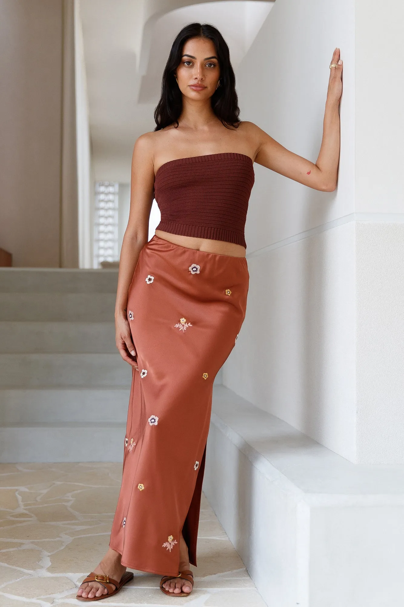 Sundown Bloom Midi Skirt Brown sold by Fortunate One