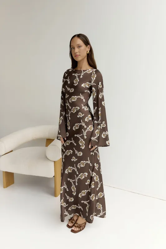 Angeline Long Sleeved Maxi Dress Brown sold by Fortunate One