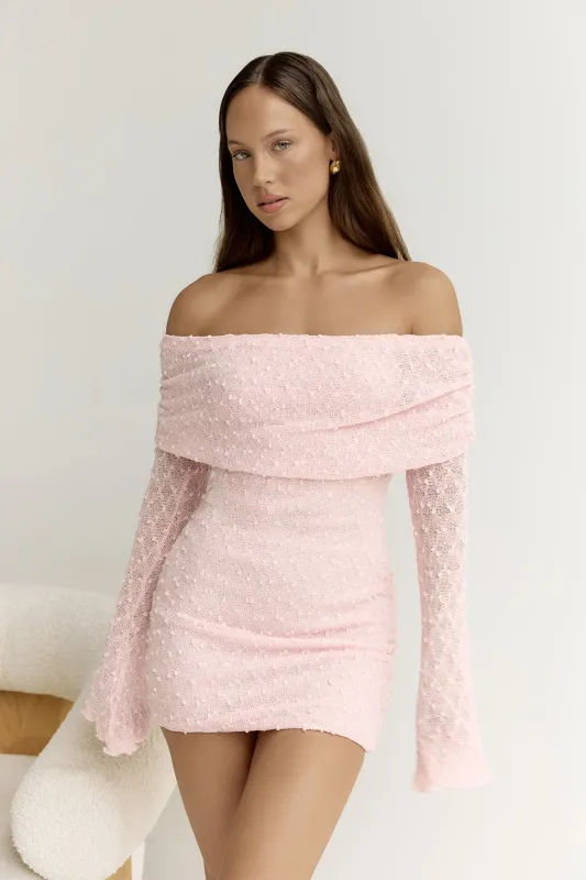 Beloved Dreams Off Shoulder Long Sleeve Mini Dress Pink sold by Fortunate One