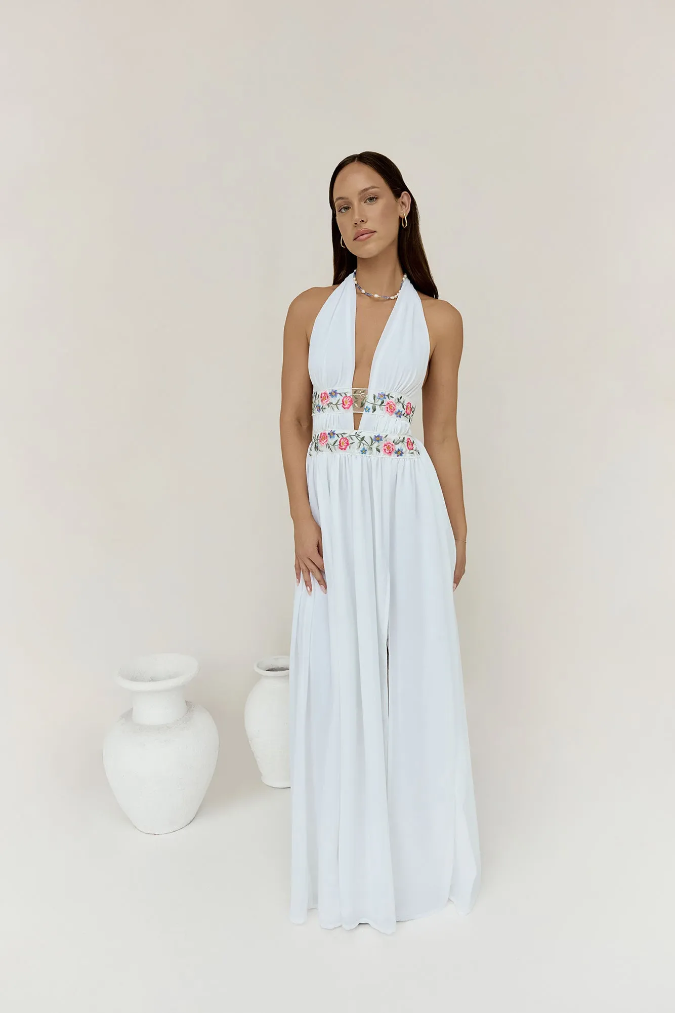 Maldives Garden Halter Maxi Dress White sold by Fortunate One