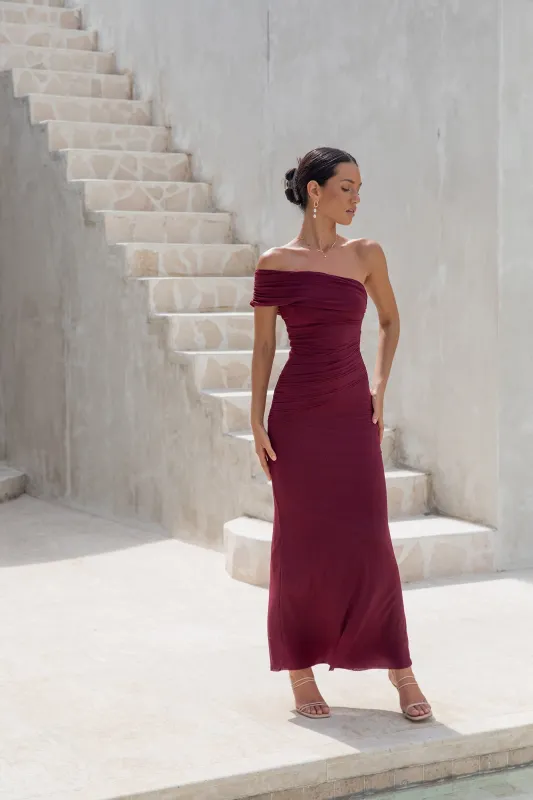 Dahlia One Shoulder Mesh Maxi Dress Maroon sold by Fortunate One