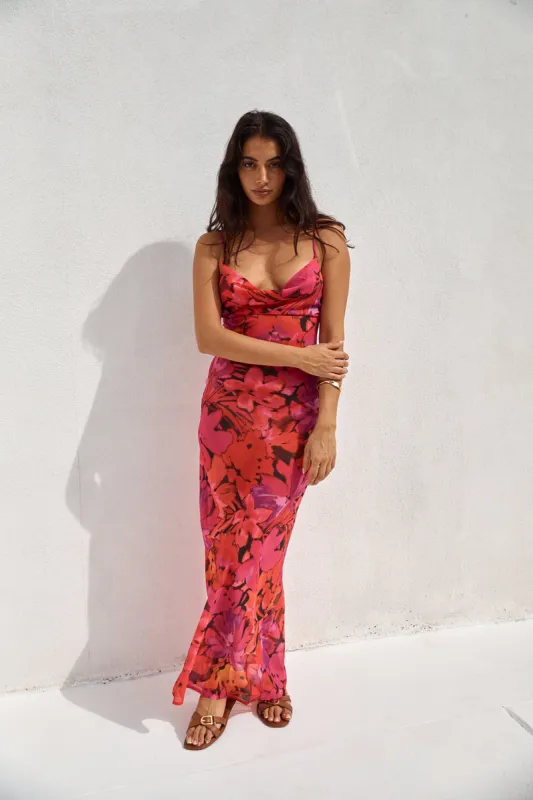 RUNAWAY THE LABEL Bad Romance Sheer Maxi Dress Pink Floral sold by Fortunate One