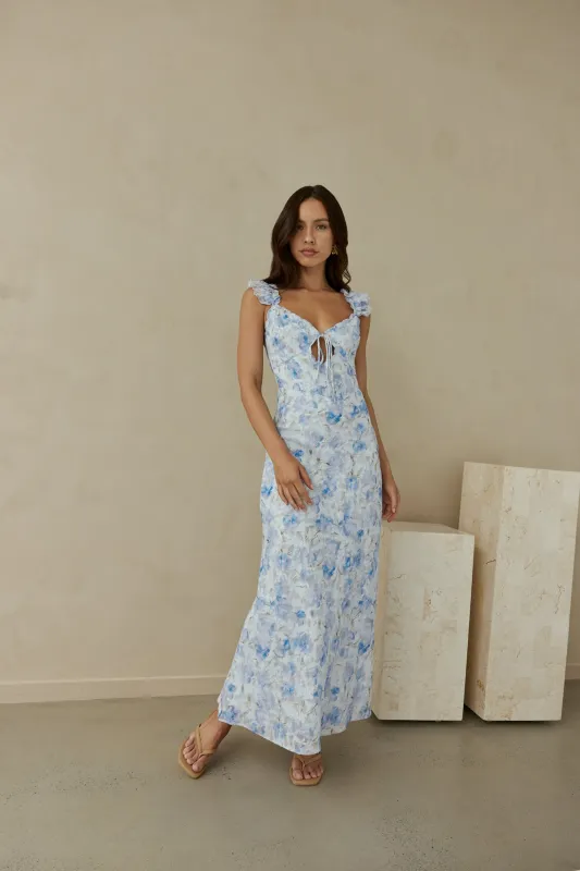 Rose Petal Reverie Midi Dress Blue sold by Fortunate One