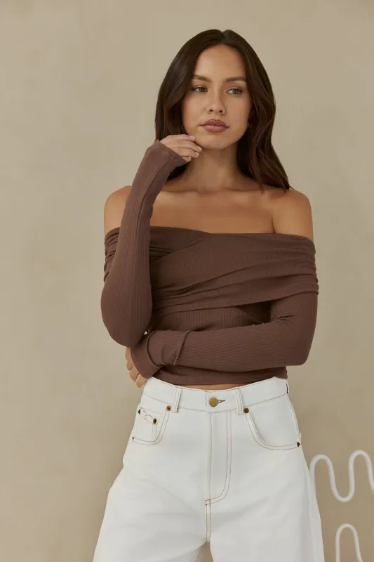 Autumn Dreamer Long Sleeve Off Shoulder Top Brown sold by Fortunate One