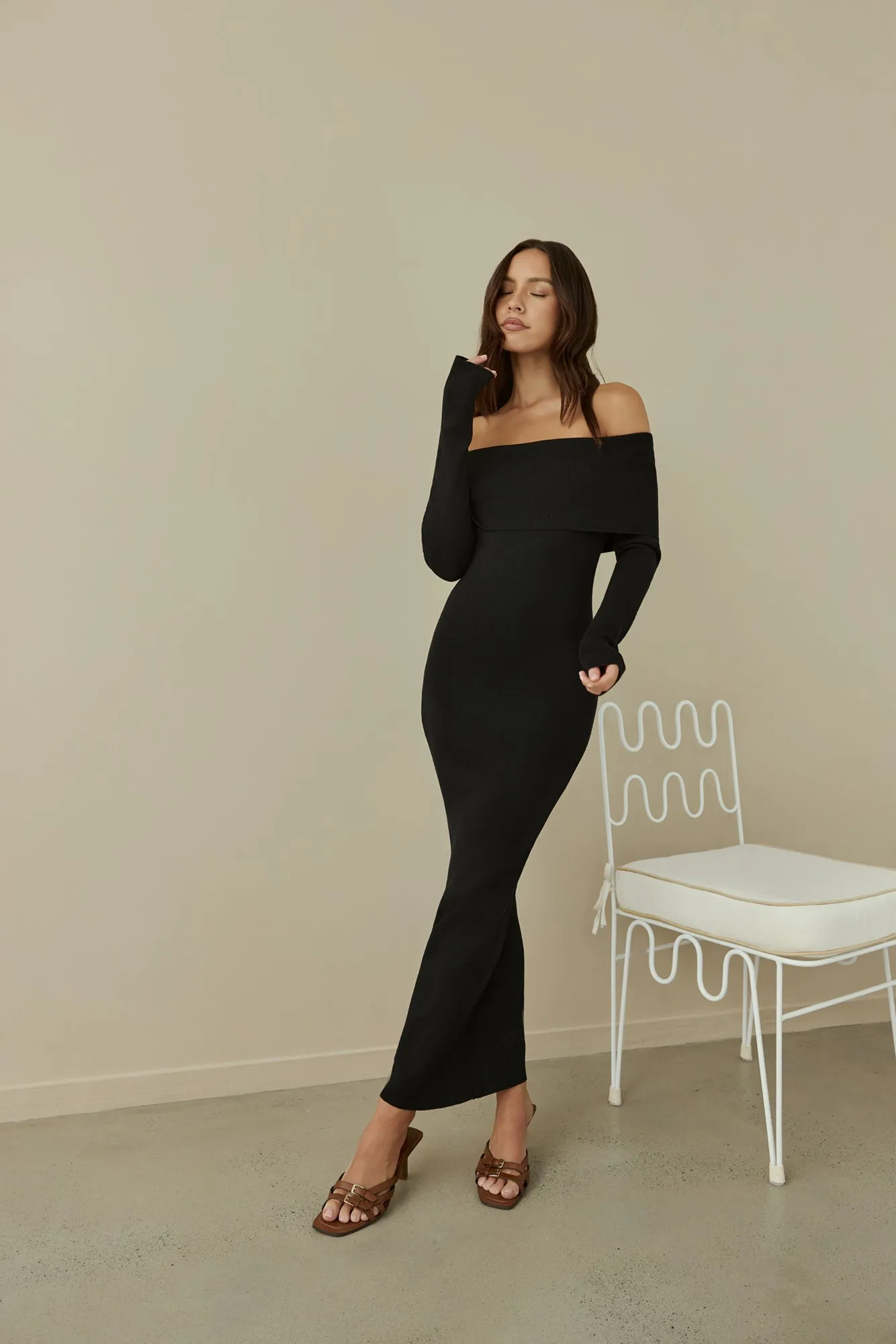 Angels Sing Off Shoulder Knit Maxi Dress Black sold by Fortunate One
