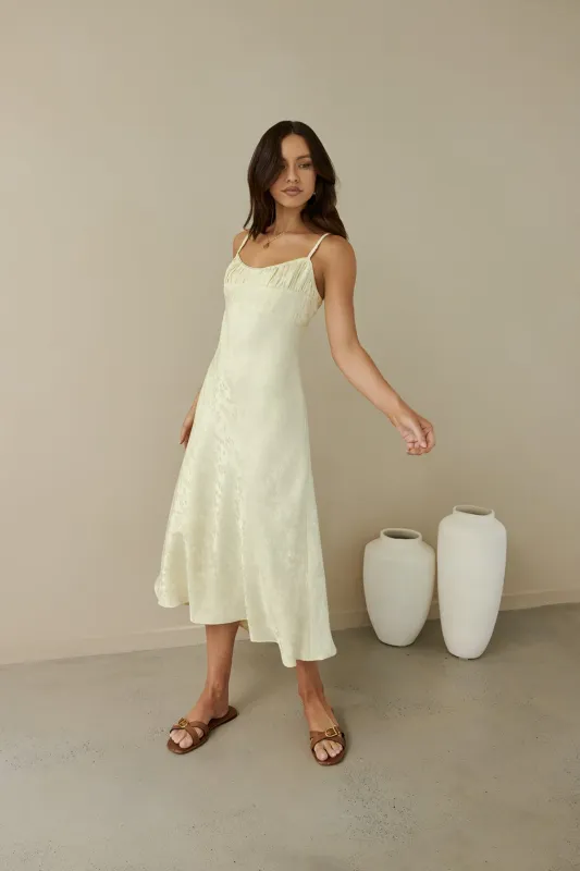 Kaiya Jacquard Satin Midi Dress Yellow sold by Fortunate One
