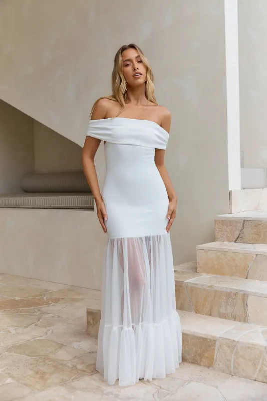 Delicate Days Off Shoulder Maxi Dress White sold by Fortunate One