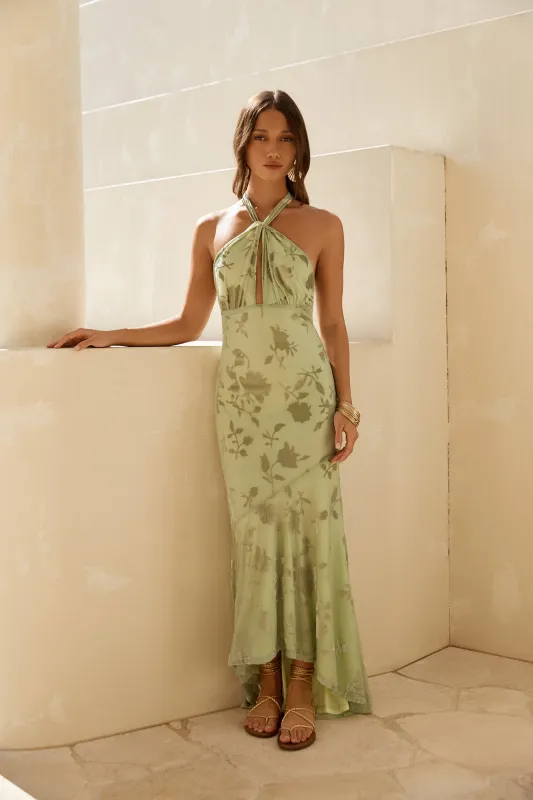 Following Fate Halter Maxi Dress Green sold by Fortunate One