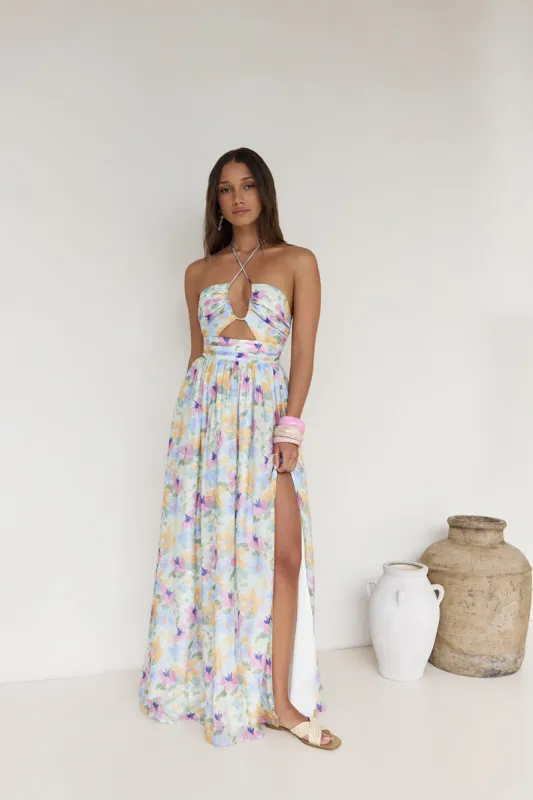 Hibiscus Hues Halter Maxi Dress Print sold by Fortunate One
