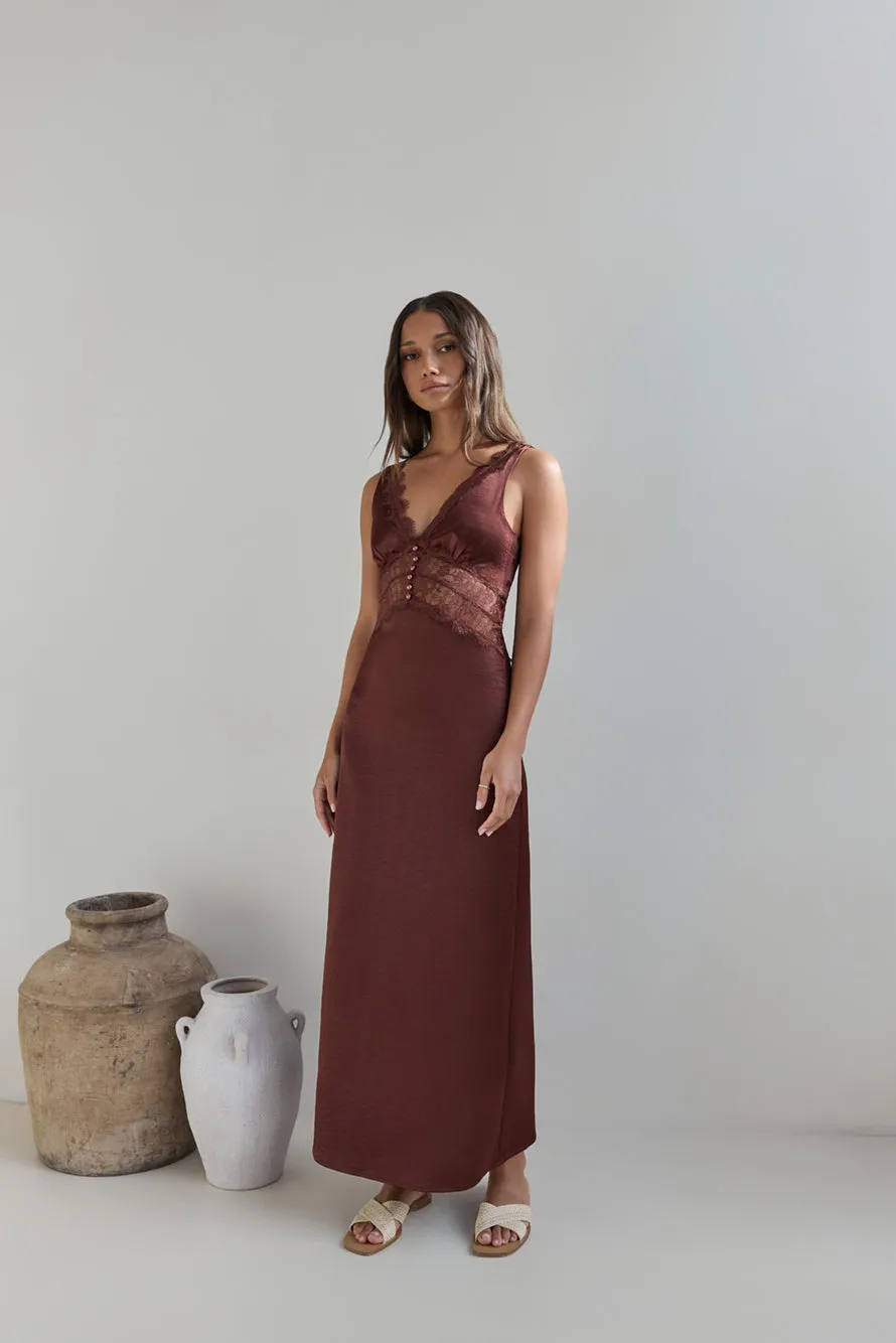 Romantic One Satin Maxi Dress Brown sold by Fortunate One