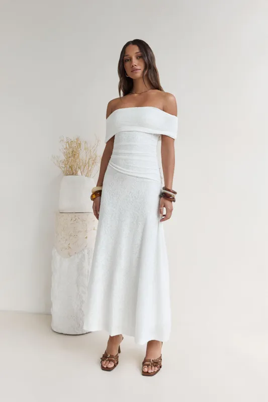Secret Shorelines Off Shoulder Maxi Dress White sold by Fortunate One