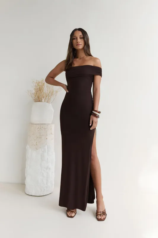 Siren Song One Shoulder Mesh Maxi Dress Espresso sold by Fortunate One