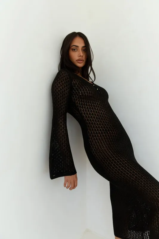 Sailing Into Sunset Knit Long Sleeve Maxi Dress Black sold by Fortunate One