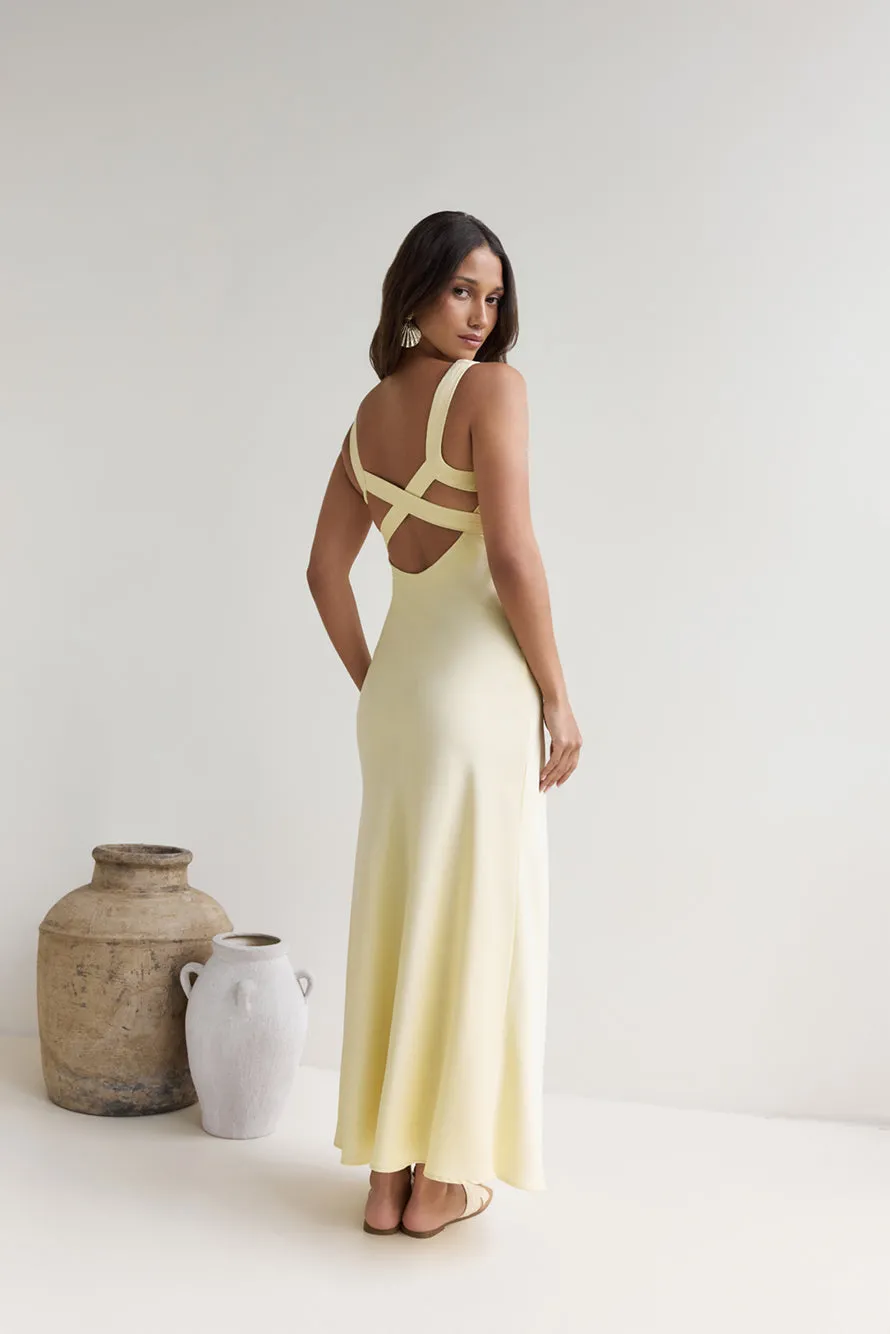 Lost In Daydreams Satin Maxi Dress Yellow sold by Fortunate One
