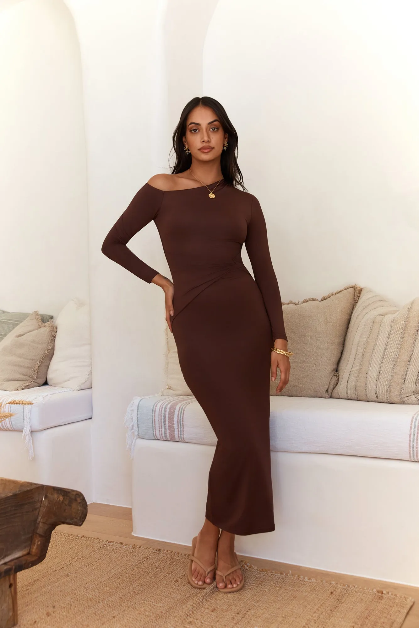 Winter Goddess Off Shoulder Long Sleeve Maxi Dress Brown sold by Fortunate One product image thumbnail 5