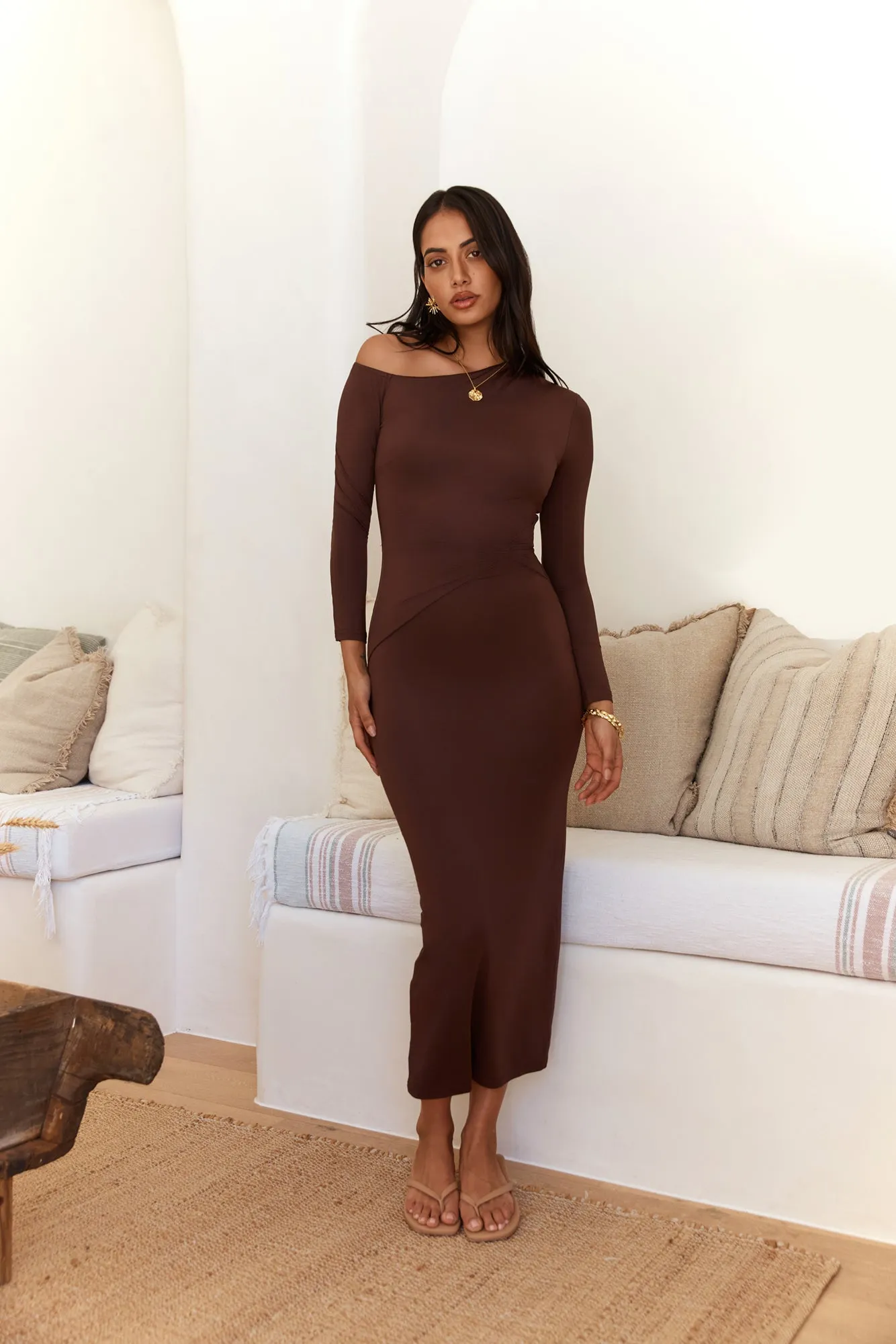 Winter Goddess Off Shoulder Long Sleeve Maxi Dress Brown sold by Fortunate One product image thumbnail 4