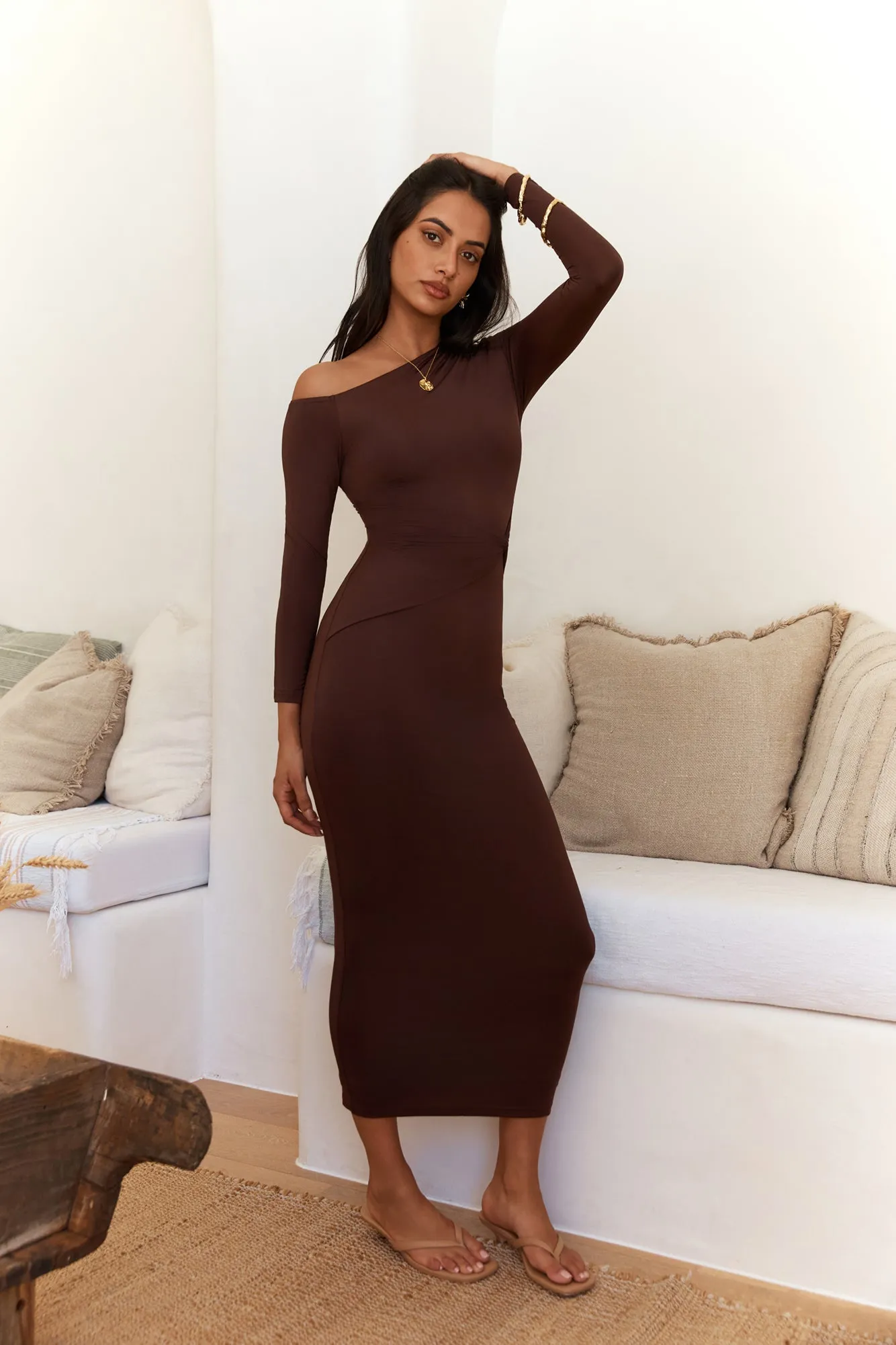 Winter Goddess Off Shoulder Long Sleeve Maxi Dress Brown sold by Fortunate One product image thumbnail 3