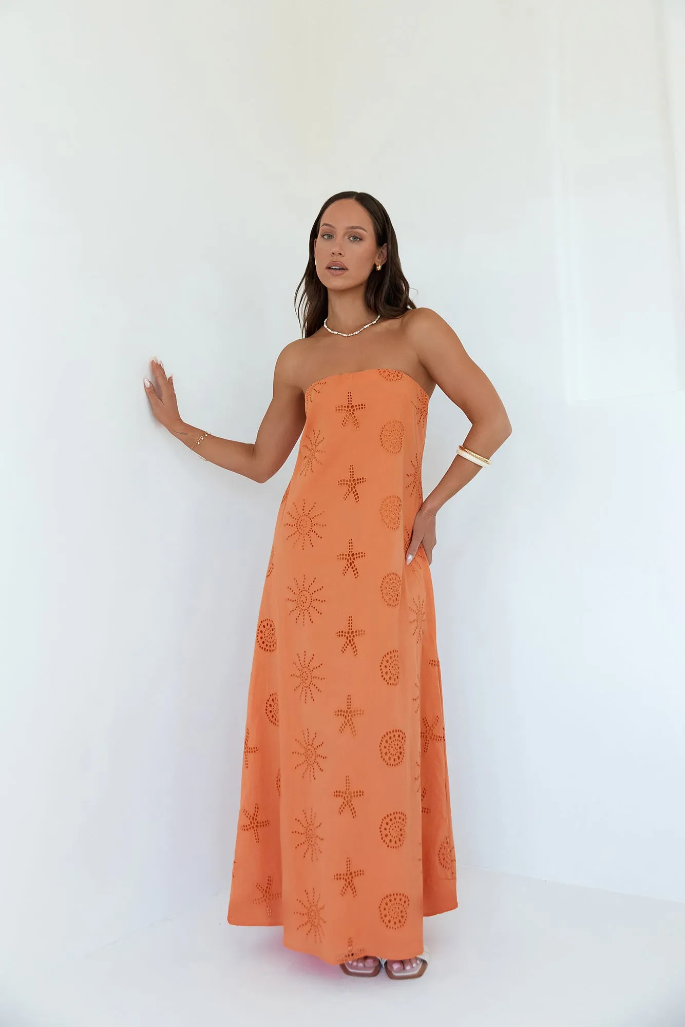 Heart To Heart Strapless Maxi Dress Orange sold by Fortunate One