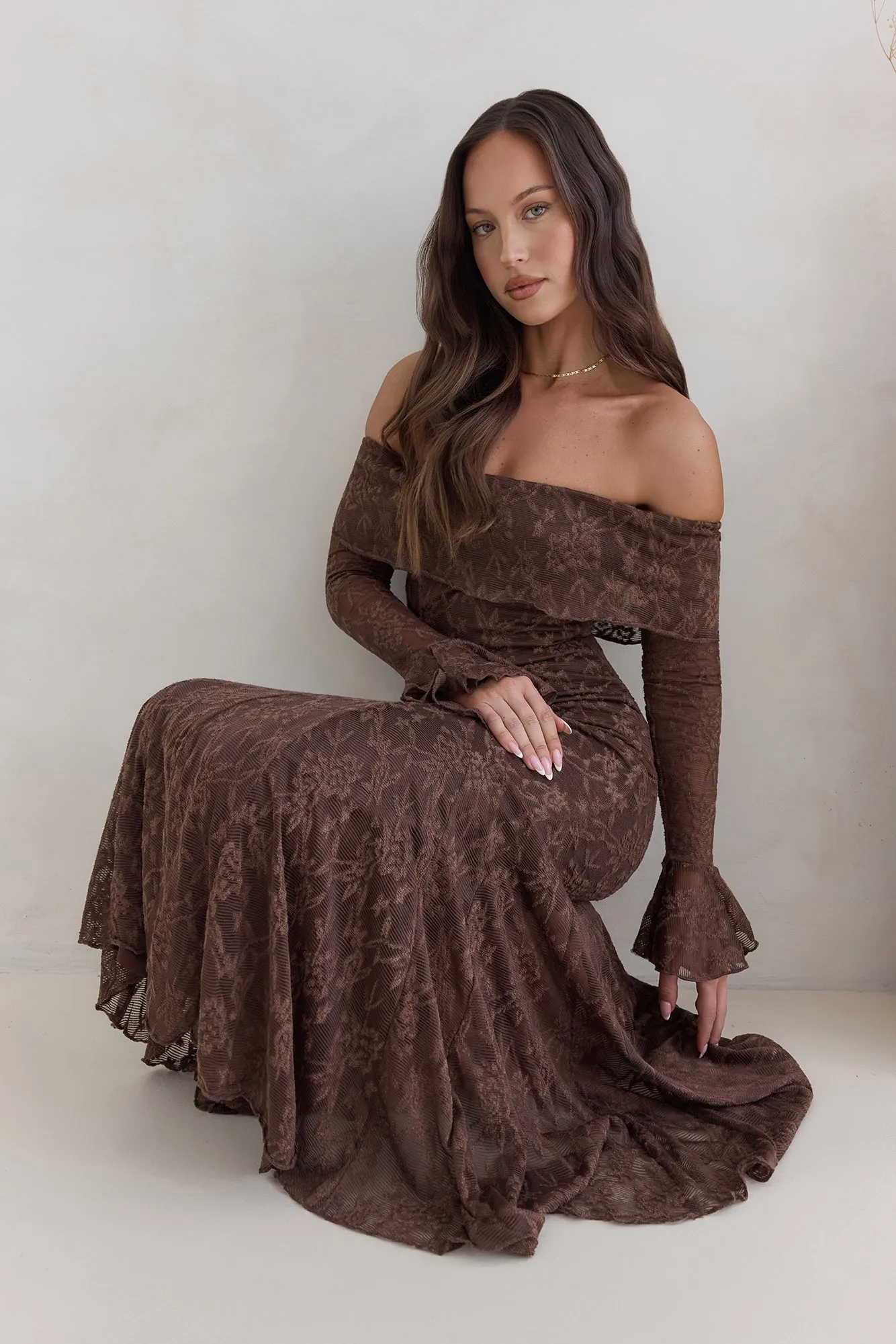 Here For Love Off Shoulder Mesh Maxi Dress Chocolate sold by Fortunate One