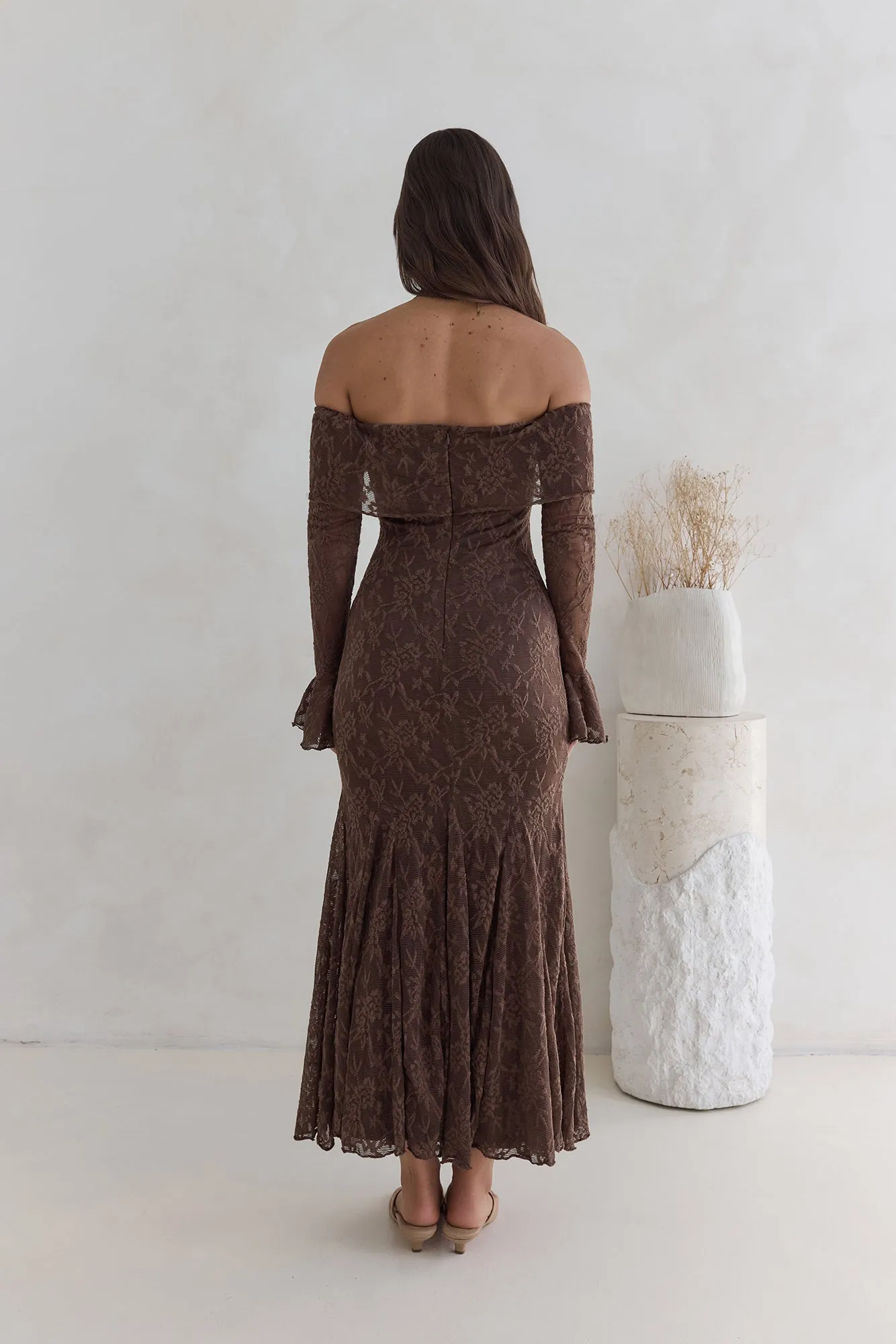 Here For Love Off Shoulder Mesh Maxi Dress Chocolate sold by Fortunate One product image thumbnail 2