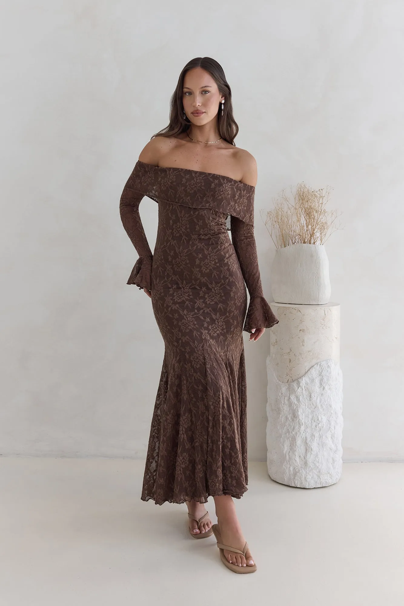 Here For Love Off Shoulder Mesh Maxi Dress Chocolate sold by Fortunate One product image thumbnail 3