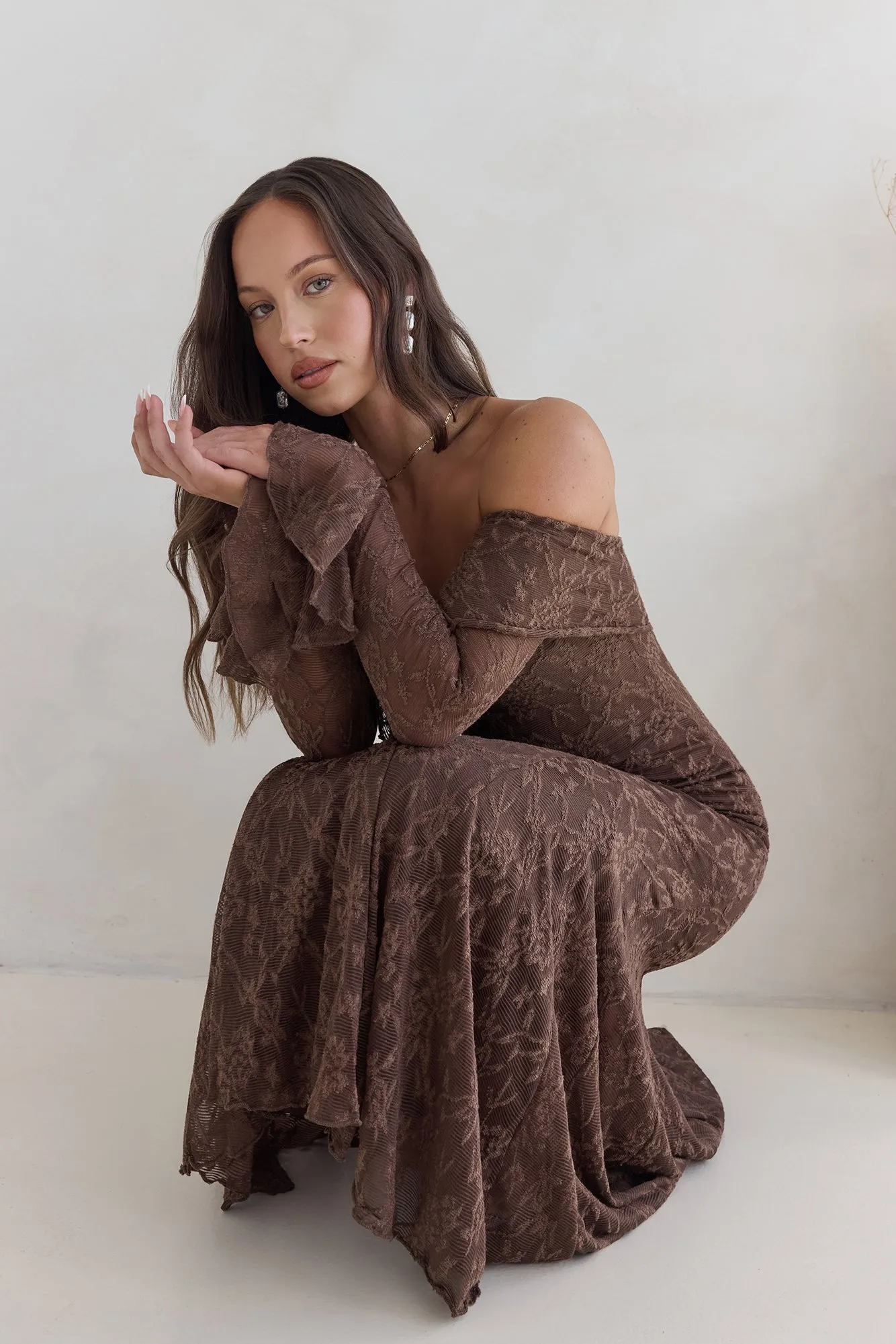 Here For Love Off Shoulder Mesh Maxi Dress Chocolate sold by Fortunate One product image thumbnail 4