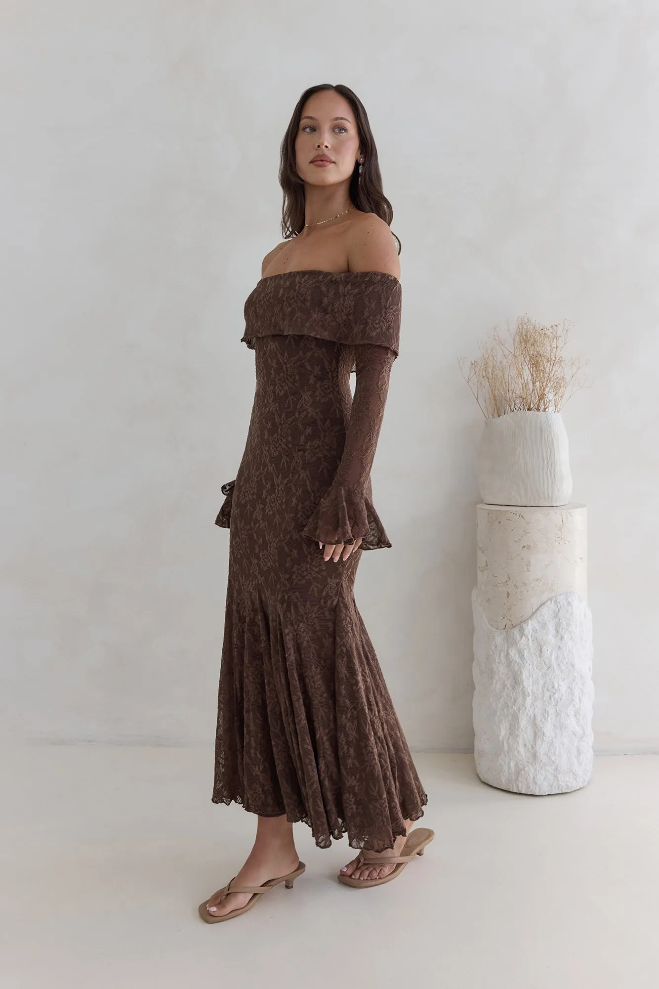 Here For Love Off Shoulder Mesh Maxi Dress Chocolate sold by Fortunate One product image thumbnail 5