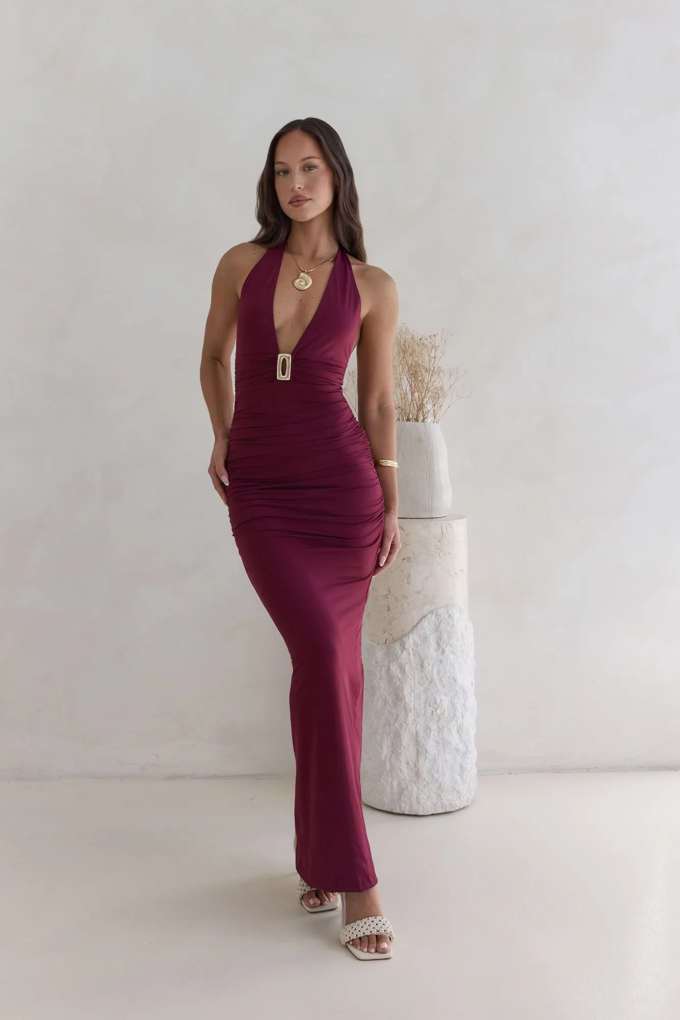 Under The Stars Halter Maxi Dress Burgundy sold by Fortunate One