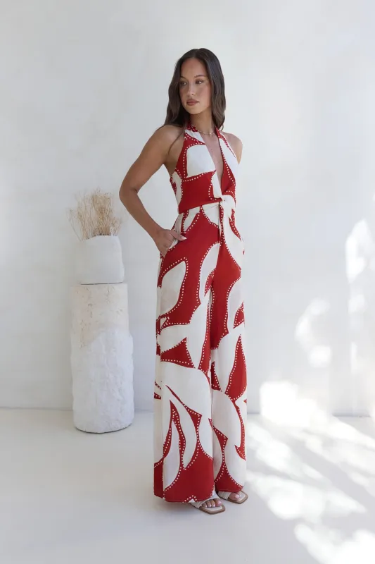 Arlette Halter Jumpsuit Arlette Red sold by Fortunate One