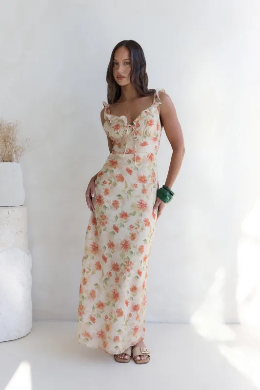 Glimmer Glide Maxi Dress Orange sold by Fortunate One