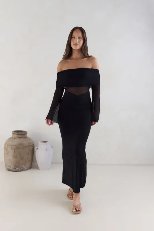 Sands Of Somewhere Off Shoulder Maxi Dress Black sold by Fortunate One