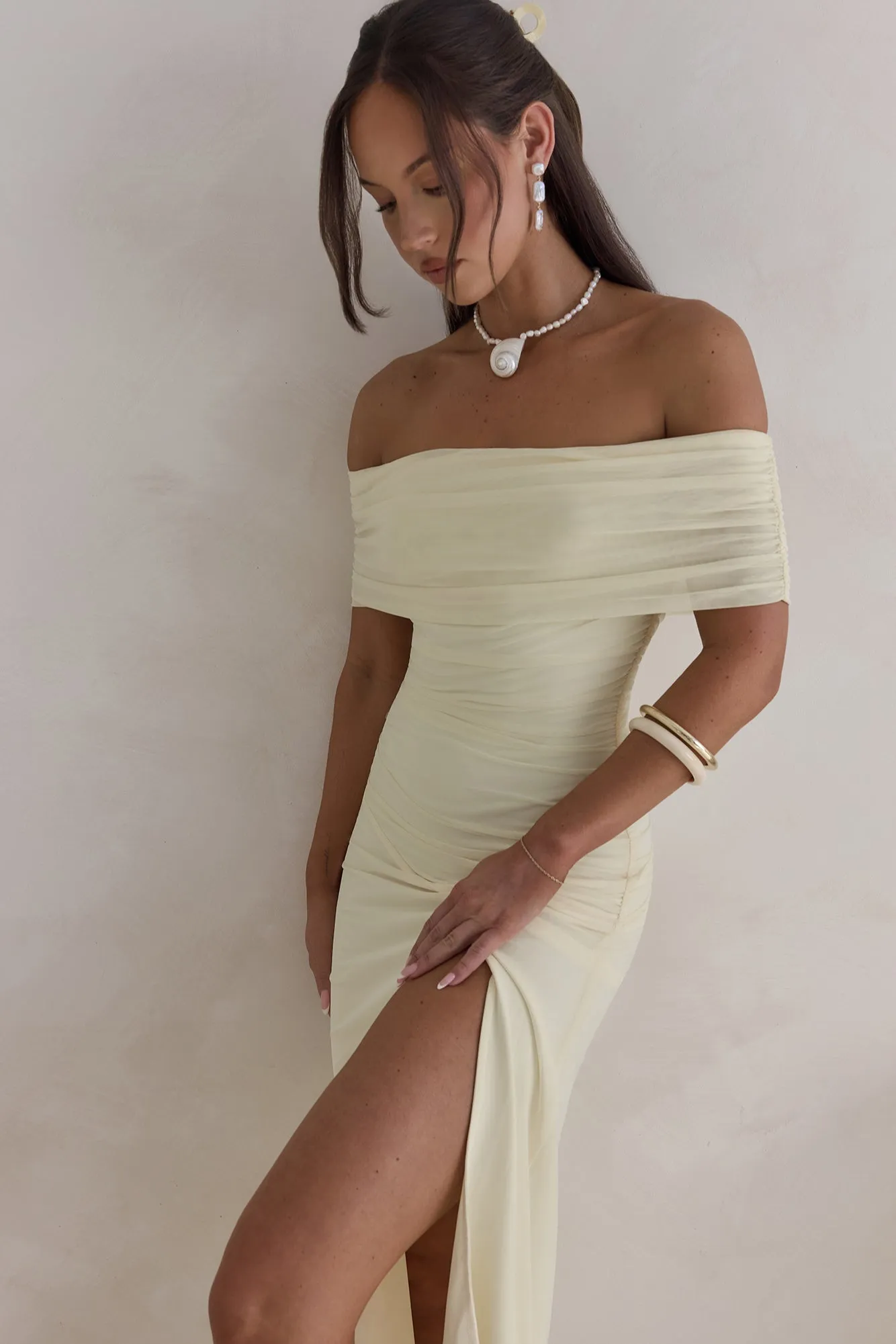 Santorini Strolls Off Shoulder Midi Dress Yellow sold by Fortunate One