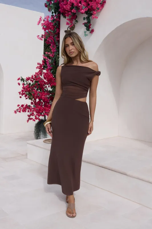 Summer Moon Off The Shoulder Maxi Dress Brown sold by Fortunate One