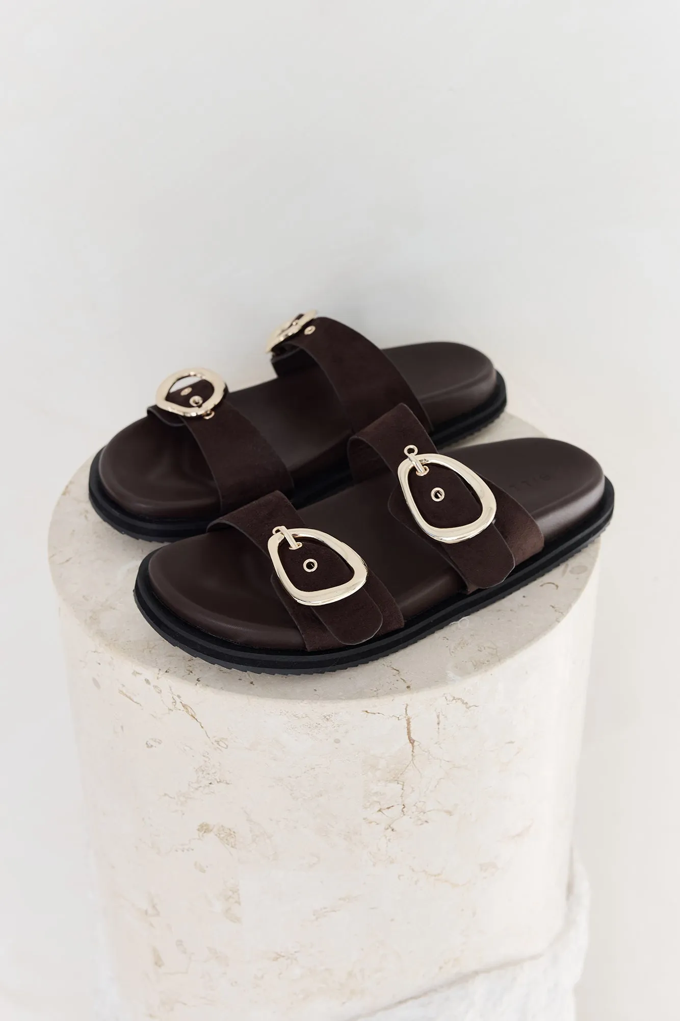 Theresa Slides Dark Cacao Suede sold by Fortunate One