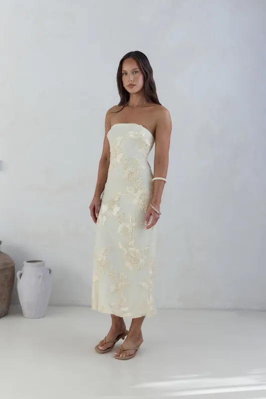 Golden Voyage Strapless Midi Dress Yellow sold by Fortunate One