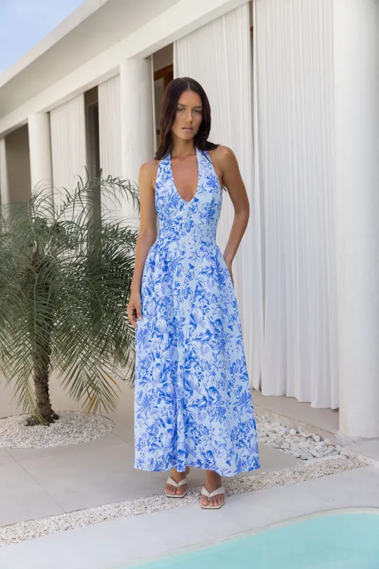 Seaside Petals Halter Maxi Dress Blue sold by Fortunate One