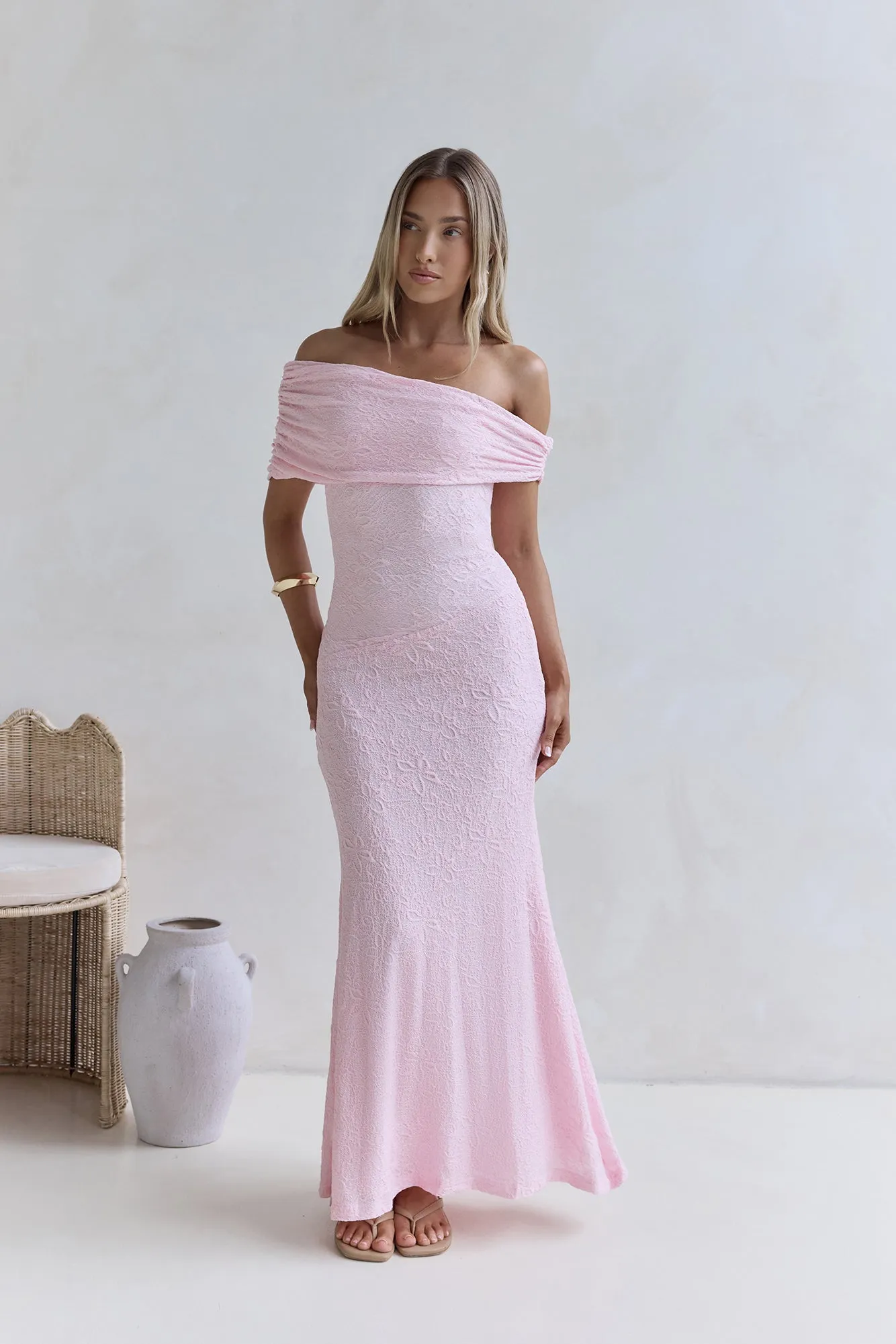 Sea And Selfies Off Shoulder Maxi Dress Pink sold by Fortunate One